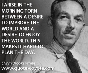 Elwyn Brooks White - I arise in the morning torn between a desire to improve the world and a desire to enjoy the world. This makes it hard to plan the day.